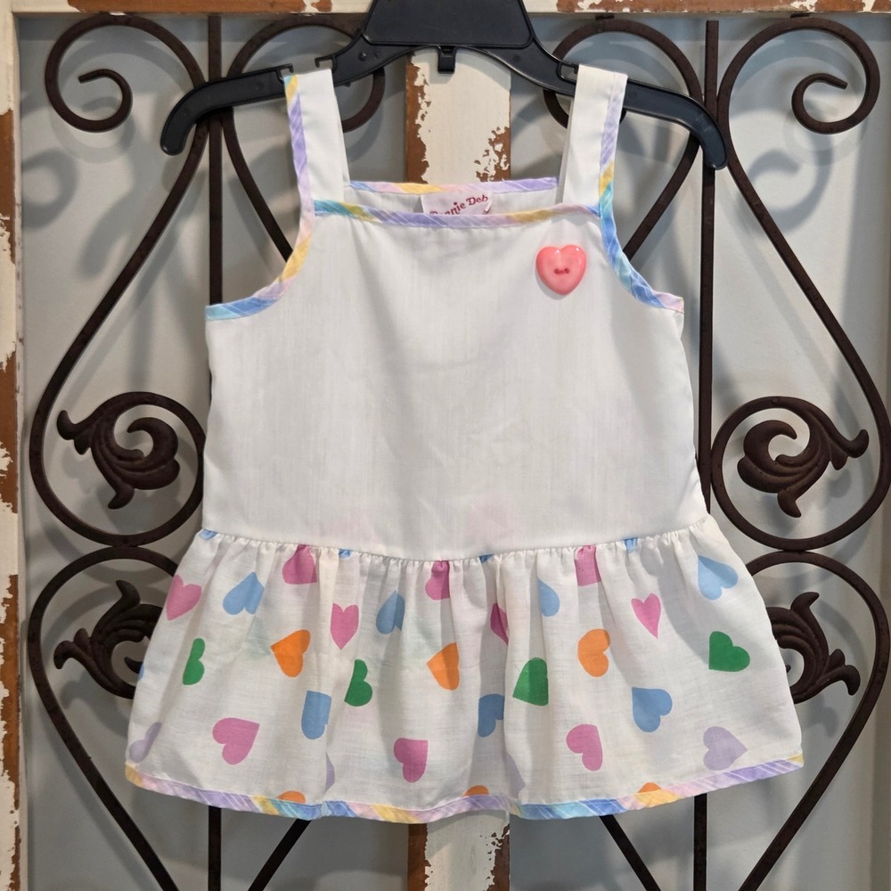 Vtg Bonnie Deb Girls Heart Print Ruffle Tank Top Dress White Pink 3T Made in USA